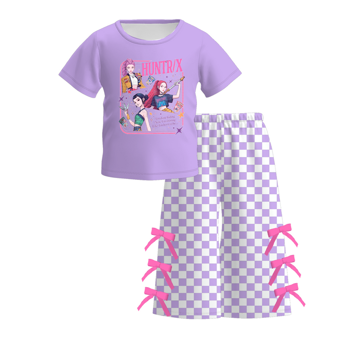 Girls' KPop inspired printed T-shirt&bowknot pant 2pcs set