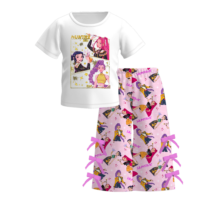 Girls' KPop inspired printed T-shirt&bowknot pant 2pcs set