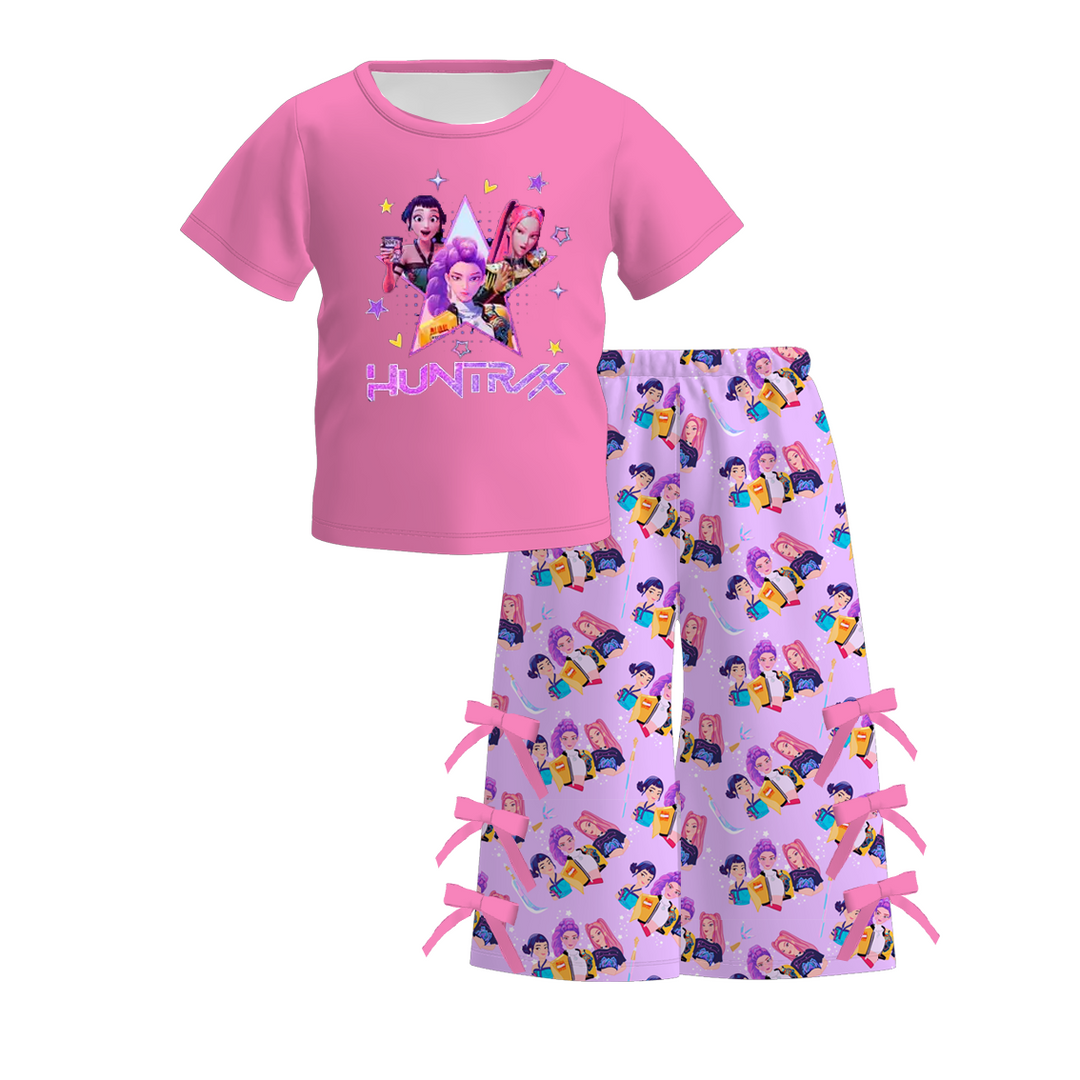 Girls' KPop inspired printed T-shirt&bowknot pant 2pcs set