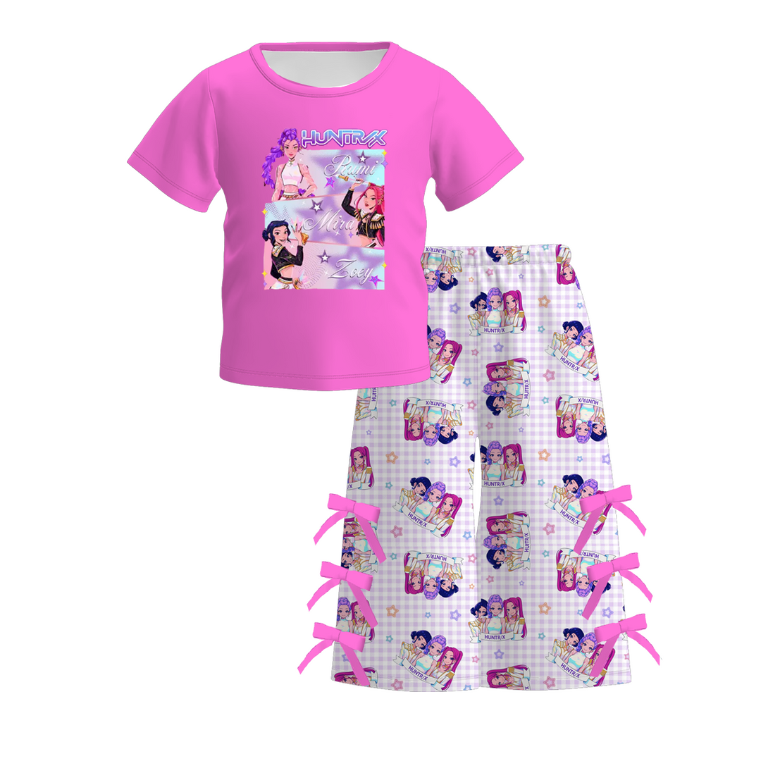 Girls' KPop inspired printed T-shirt&bowknot pant 2pcs set