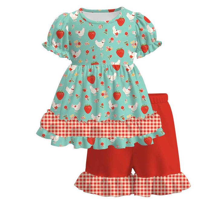Cute strawberry&chick printed ruffle dress for girls