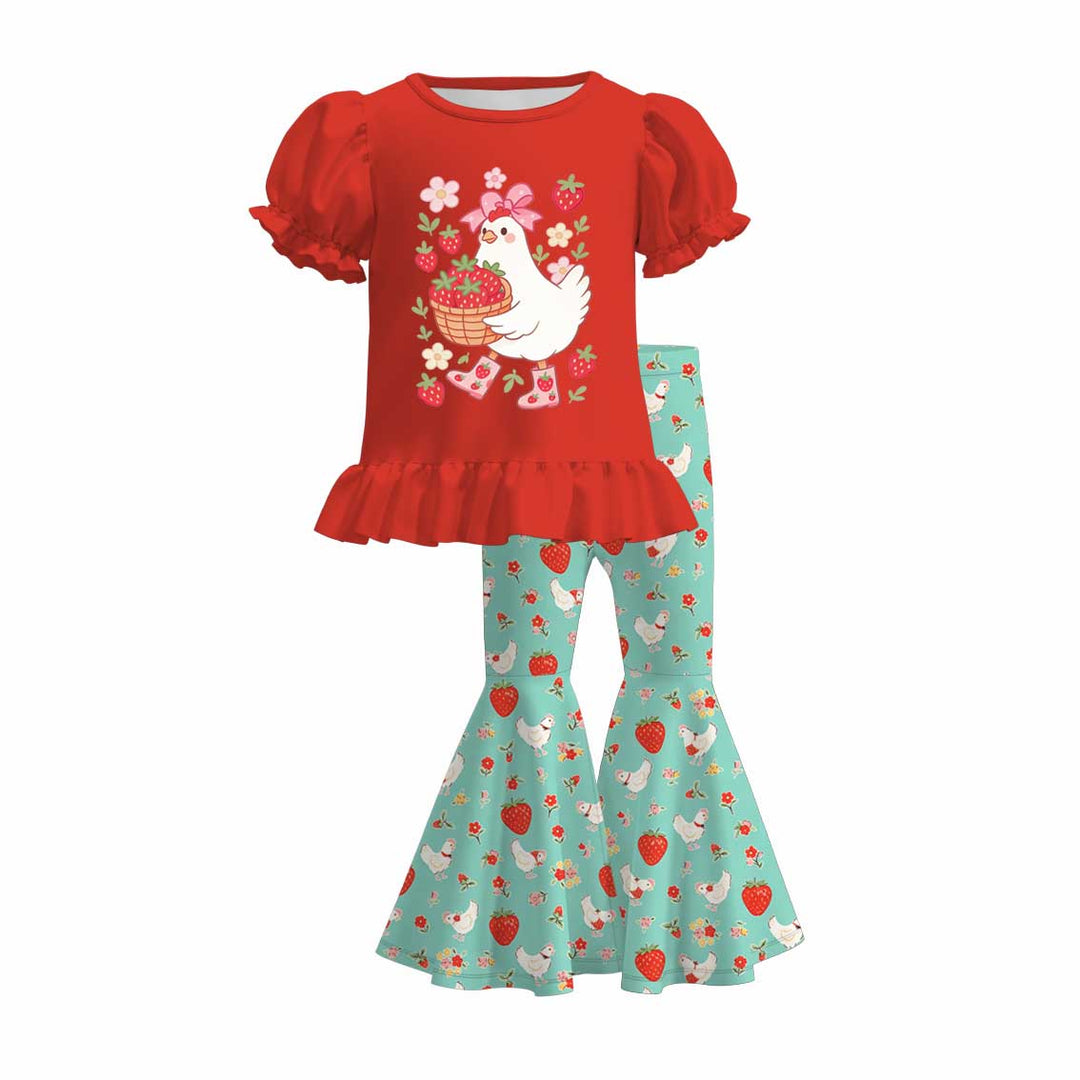 Cute strawberry&chick printed ruffle dress for girls