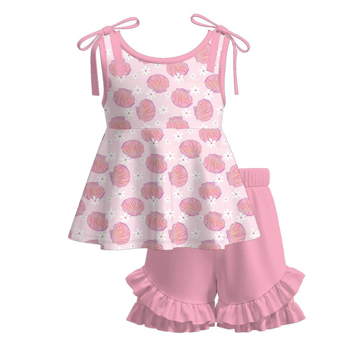 Ocean Dream shell printed bowtie top&ruffle short set for girls