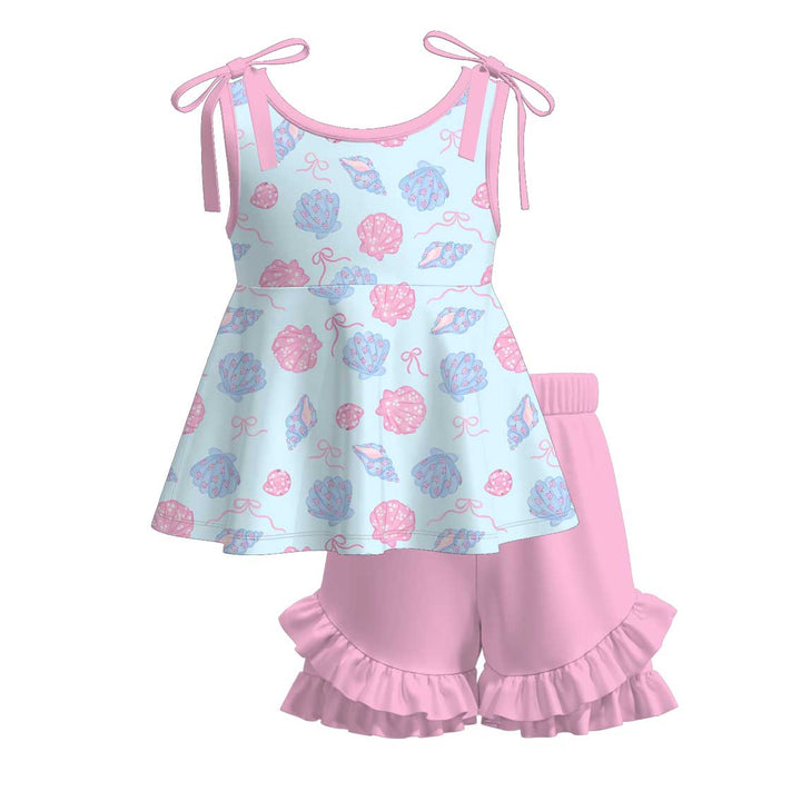 Ocean Dream shell printed bowtie top&ruffle short set for girls