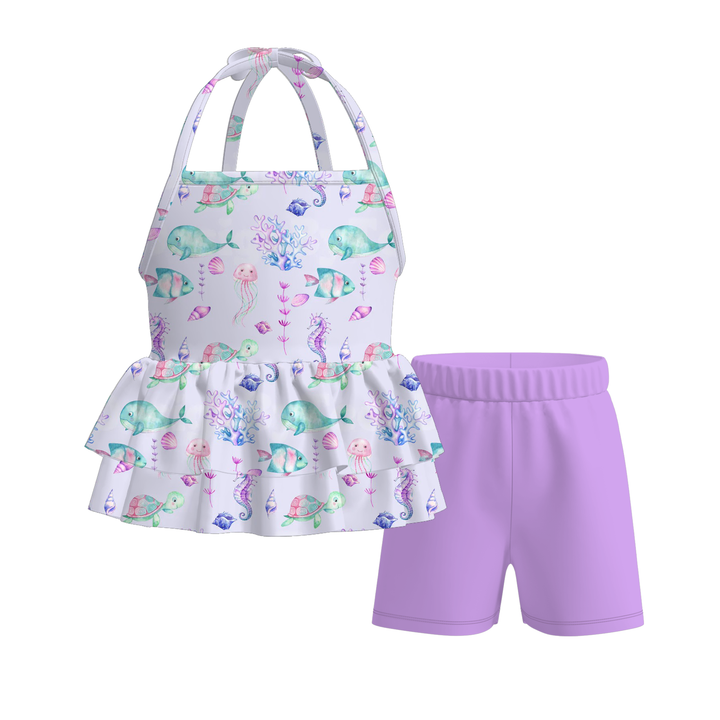 Deepsea dream summer halter neck tie top&bell pant set for girls