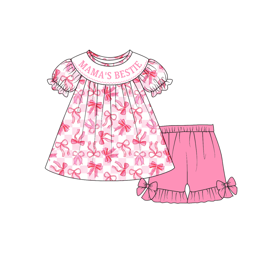 Sweet pink bow printed embroidery smocked romper-Customizable