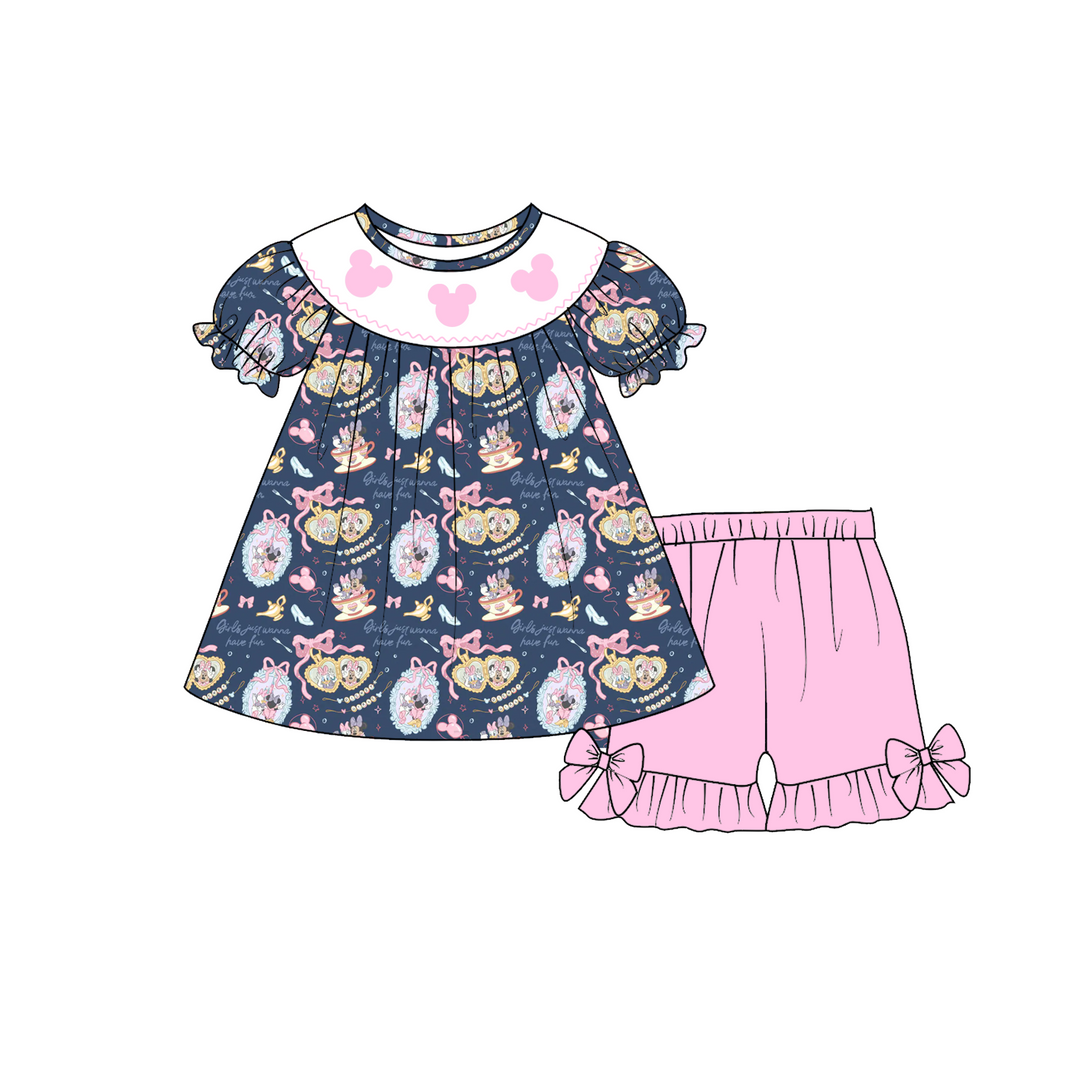 Cartoon fairy tale world embroidery smocked romper-Customizable