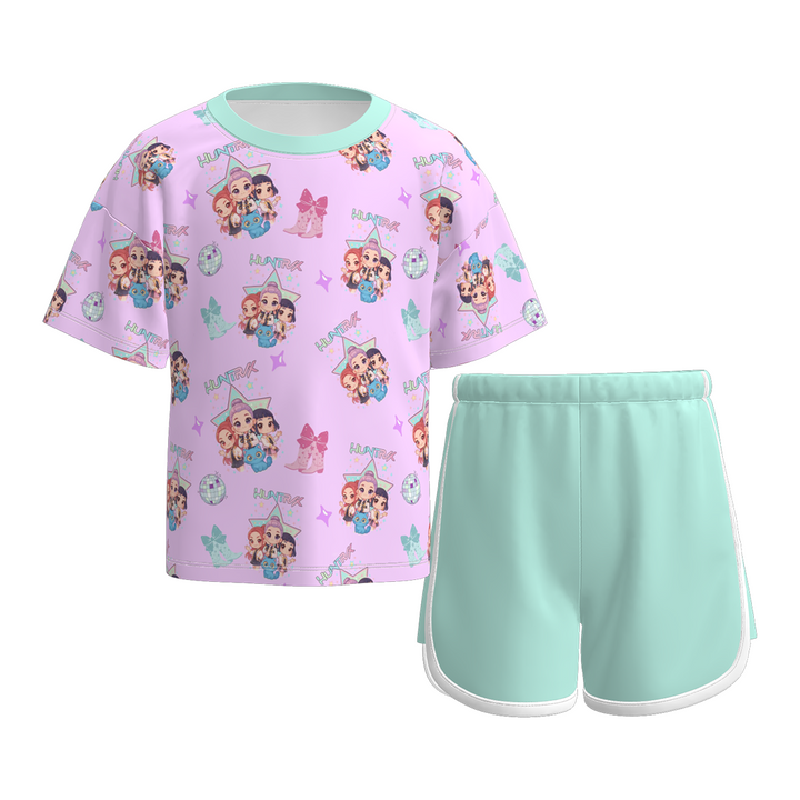 Girls k-pop short-sleeved top&shorts sport set