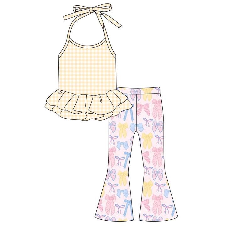 Girls Cute plaid Halter ruffle top&bell pant set