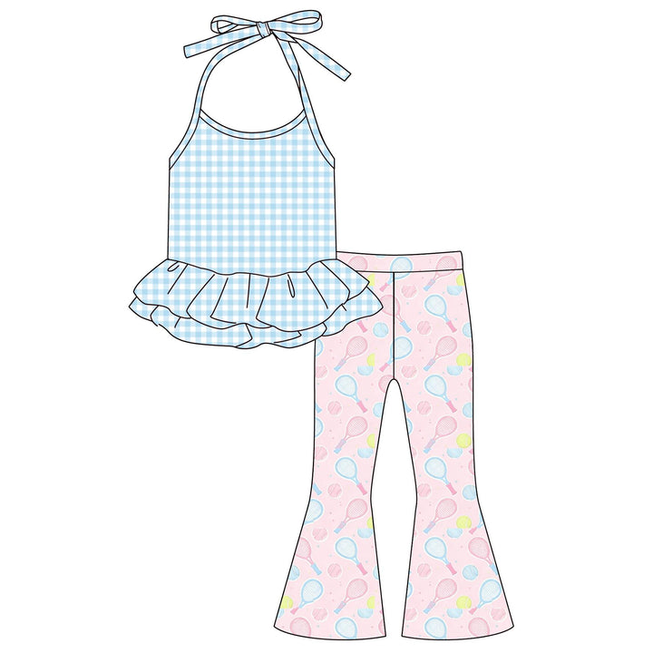 Girls Cute plaid Halter ruffle top&bell pant set