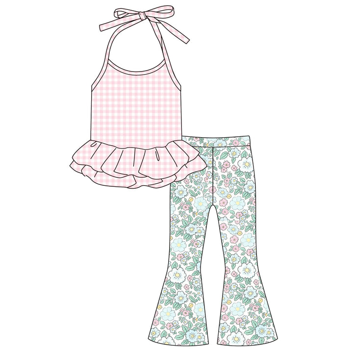 Girls Cute plaid Halter ruffle top&bell pant set