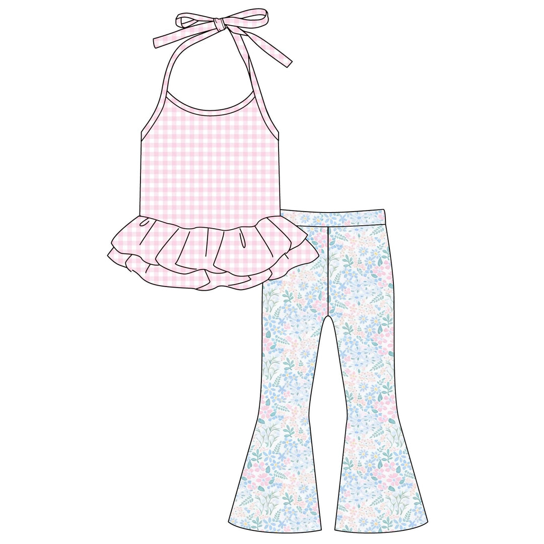Girls Cute plaid Halter ruffle top&bell pant set