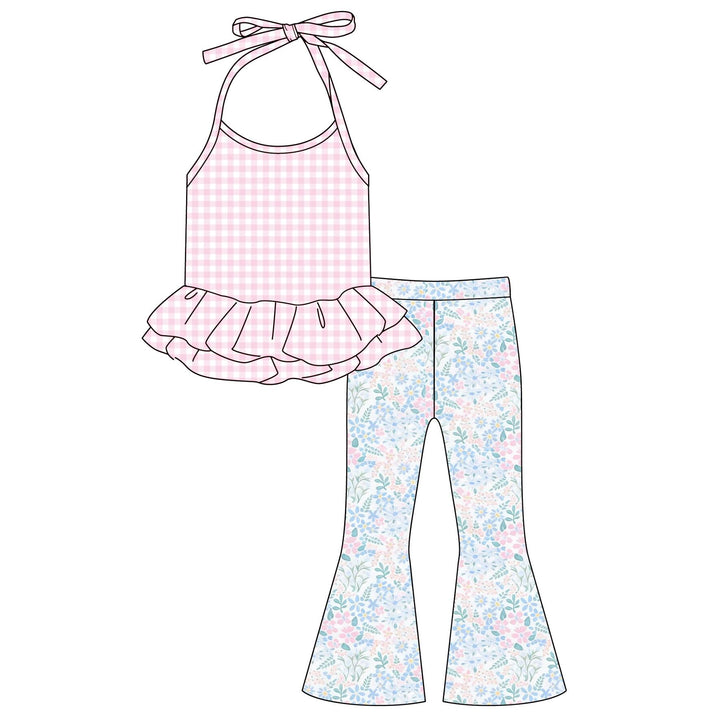 Girls Cute plaid Halter ruffle top&bell pant set