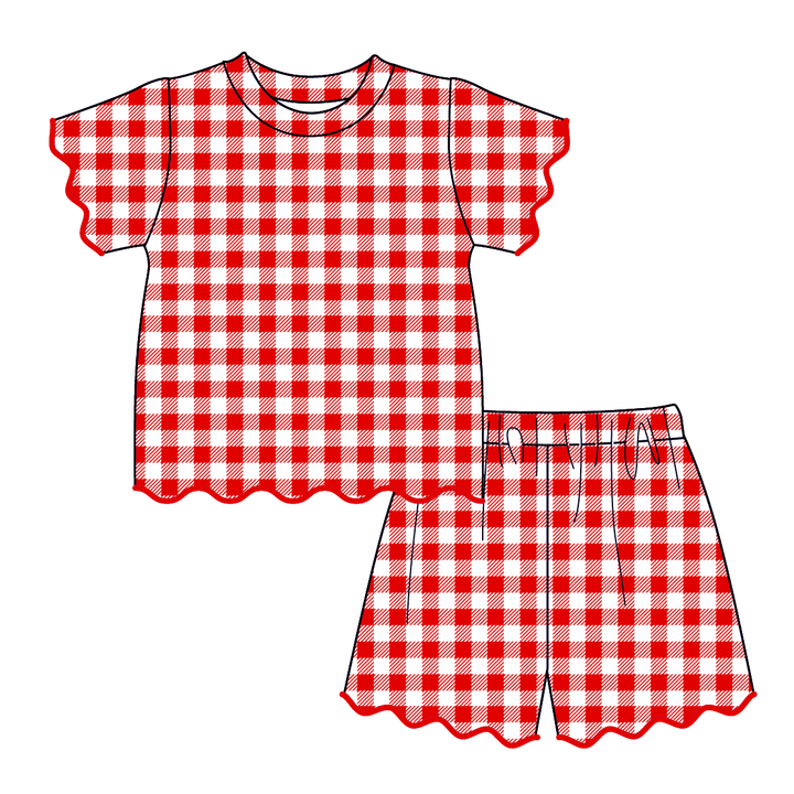 Girls Cute plaid wavy lace embroidery trim short set