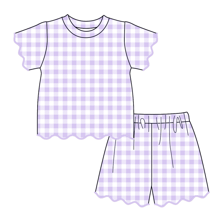 Girls Cute plaid wavy lace embroidery trim short set
