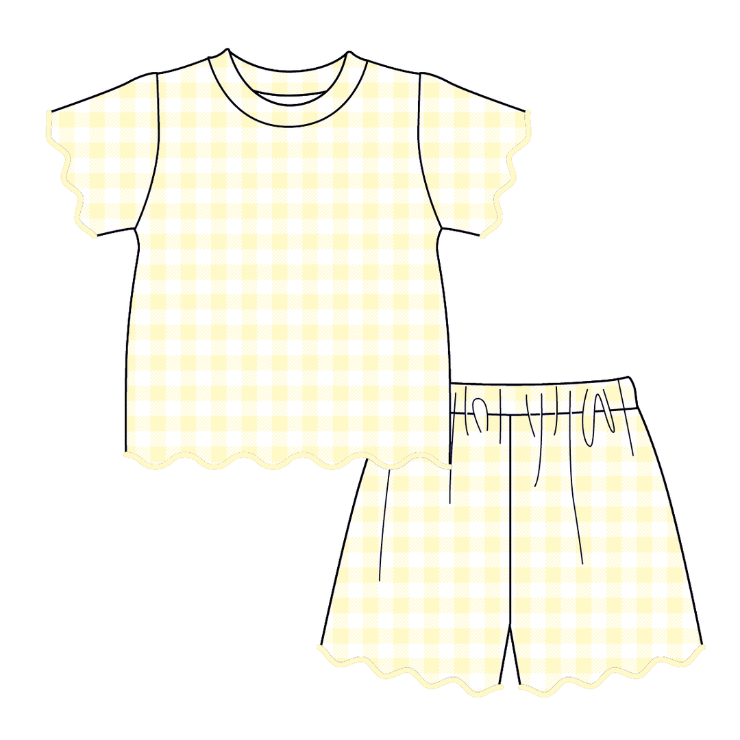 Girls Cute plaid wavy lace embroidery trim short set