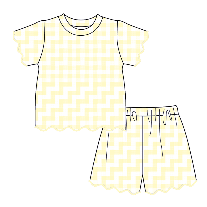 Girls Cute plaid wavy lace embroidery trim short set