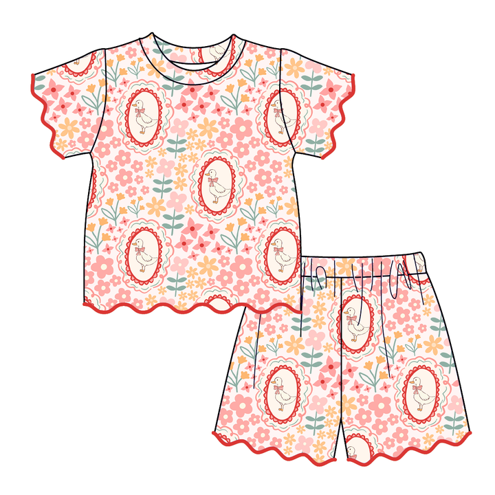 Girls' peach floral goose printed summer sibling outfits