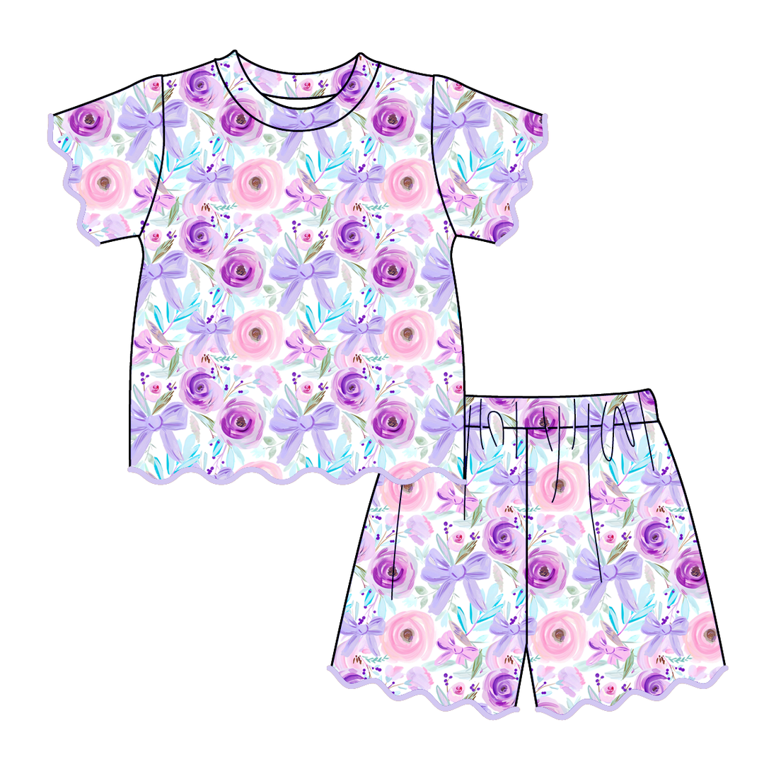 Girls' purple floral printed ruffle dress summer sibling outfits