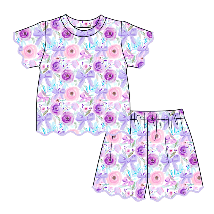Girls' purple floral printed ruffle dress summer sibling outfits