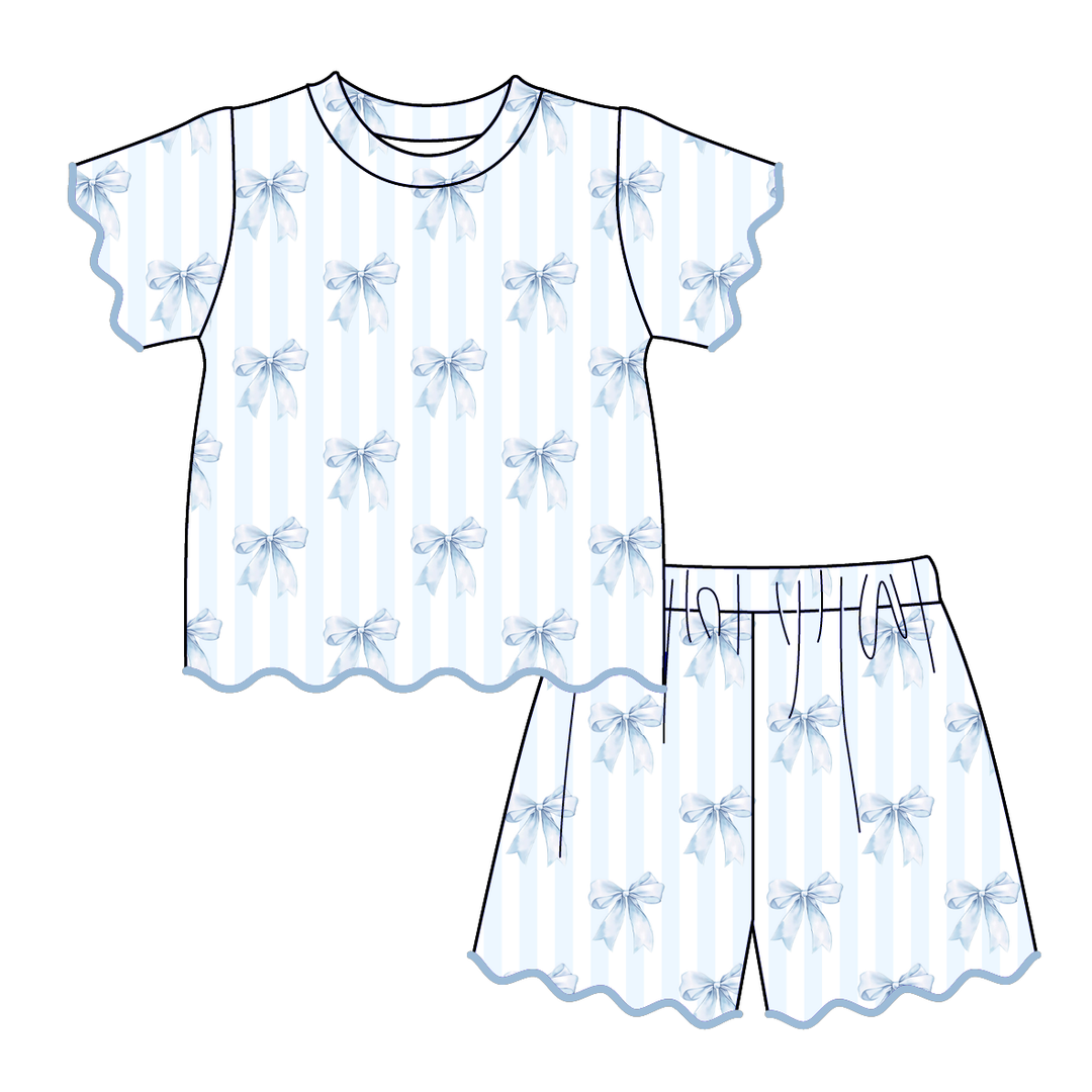 Girls' blue bow printed ruffle dress summer sibling outfits