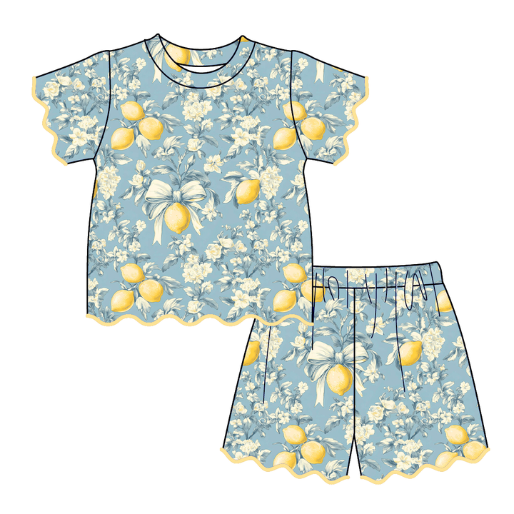 Girls' floral lemon printed ruffle dress sibling outfits