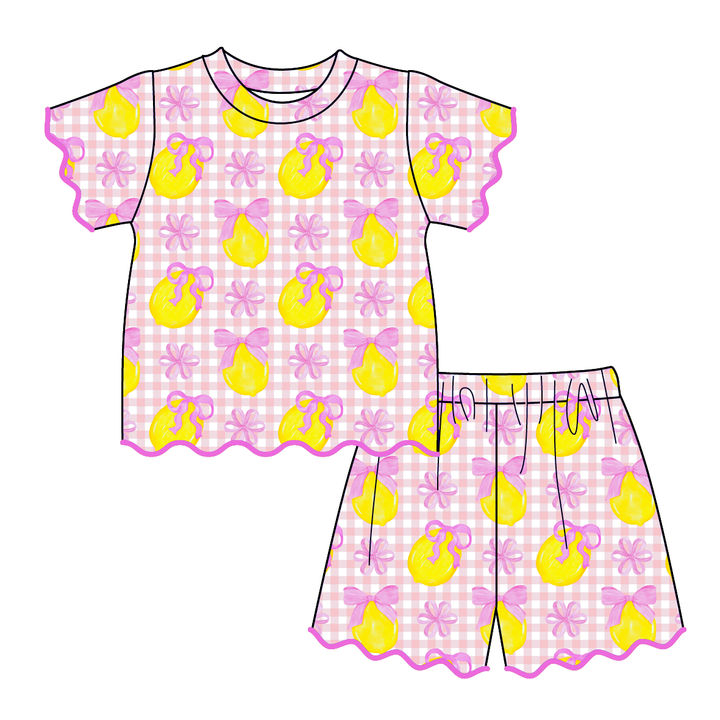 Girls' pink bow lemon printed ruffle dress sibling outfits