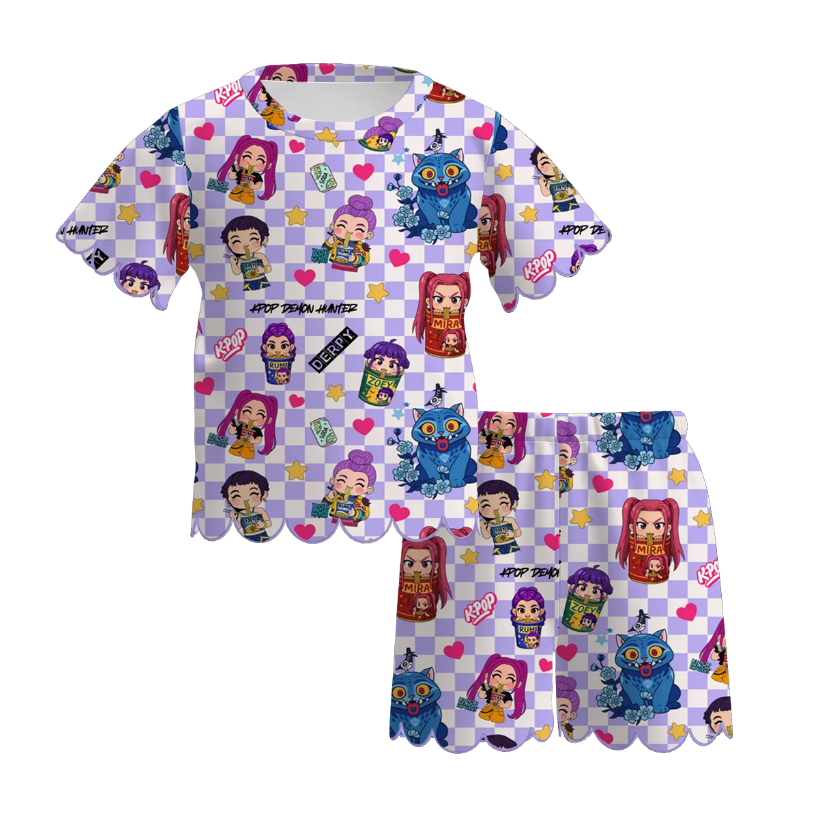 Kpop Girls short sleeved wavy hem lace embroidery set