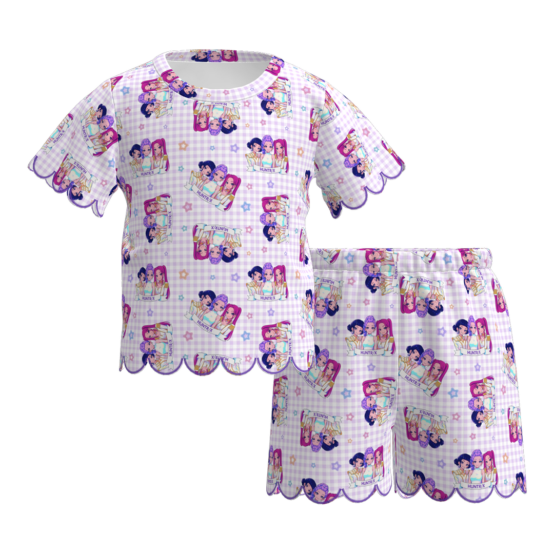 Kpop Girls short sleeved wavy hem lace embroidery set