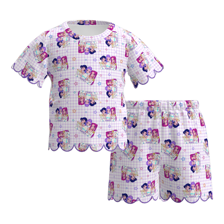Kpop Girls short sleeved wavy hem lace embroidery set