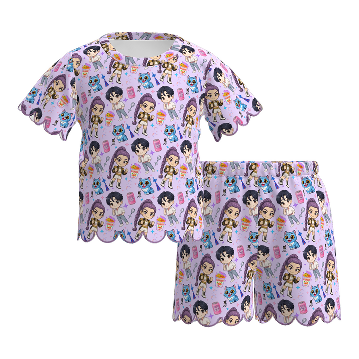 Kpop Girls short sleeved wavy hem lace embroidery set