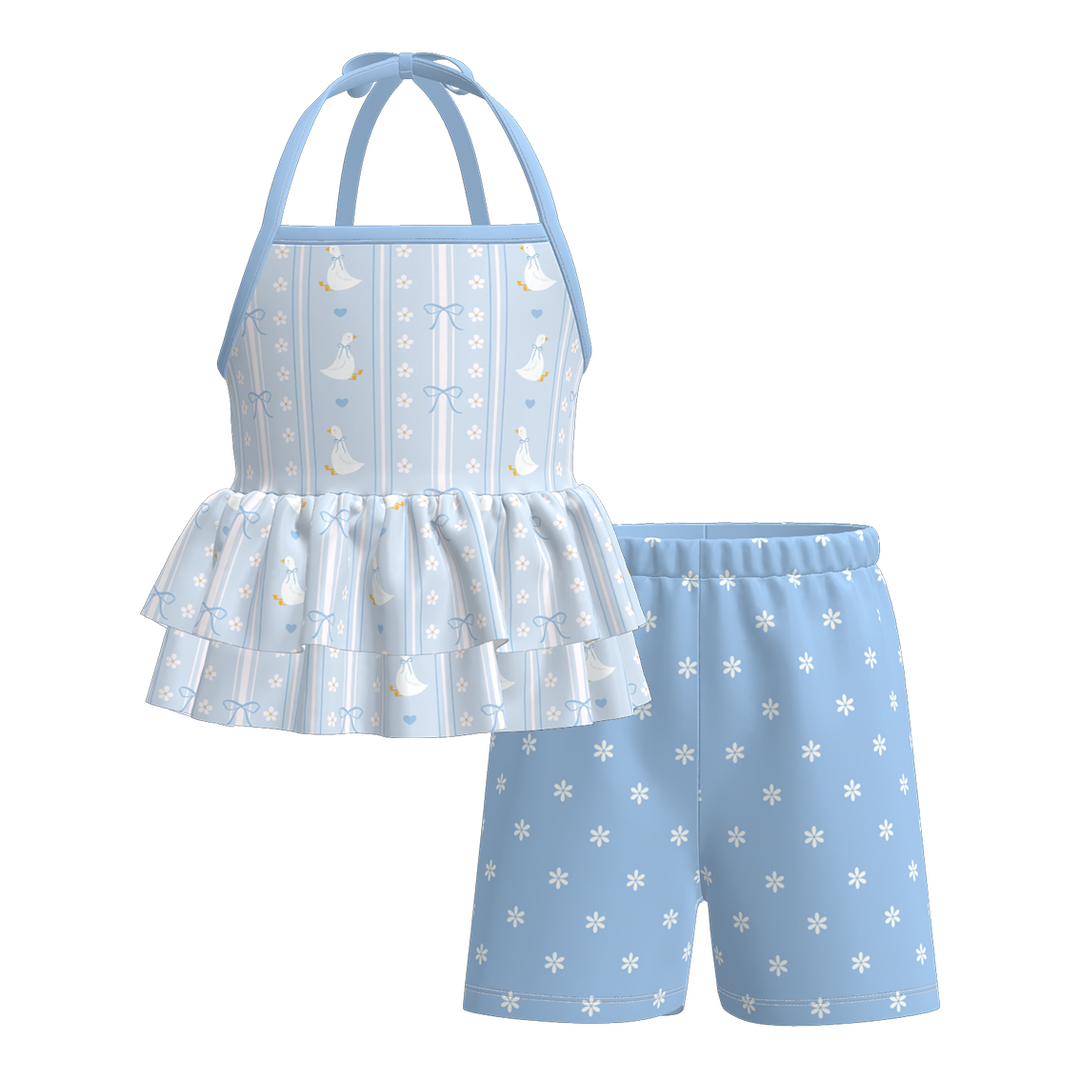Girls' Cute goose printed floral ruffle dress sibling outfits