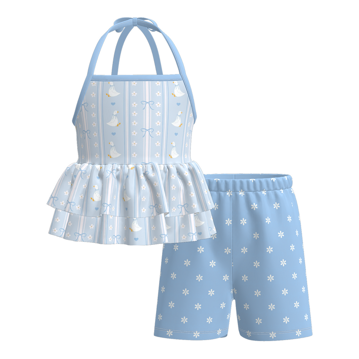 Girls' Cute goose printed floral ruffle dress sibling outfits