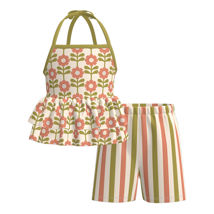 Girls' flowers printed floral ruffle dress sibling outfits