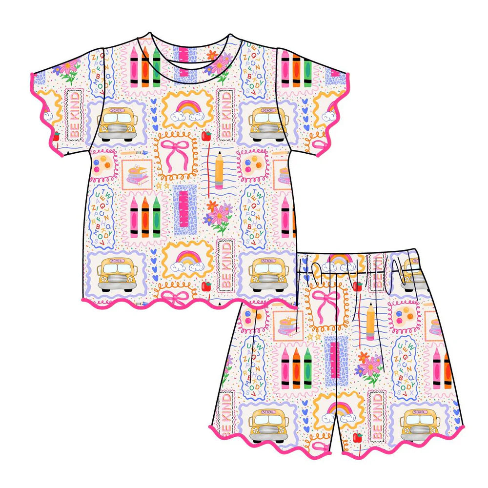 Back to school Girls short sleeved wavy hem embroidery set