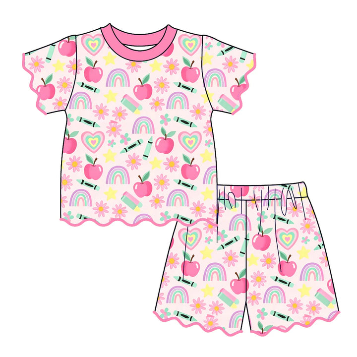 Back to school Girls short sleeved wavy hem embroidery set