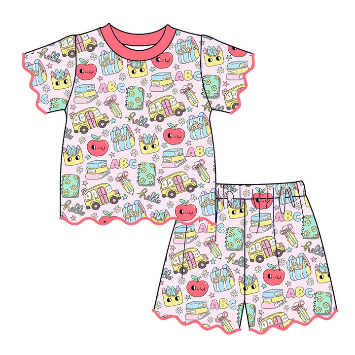 Back to school Girls short sleeved wavy hem embroidery set