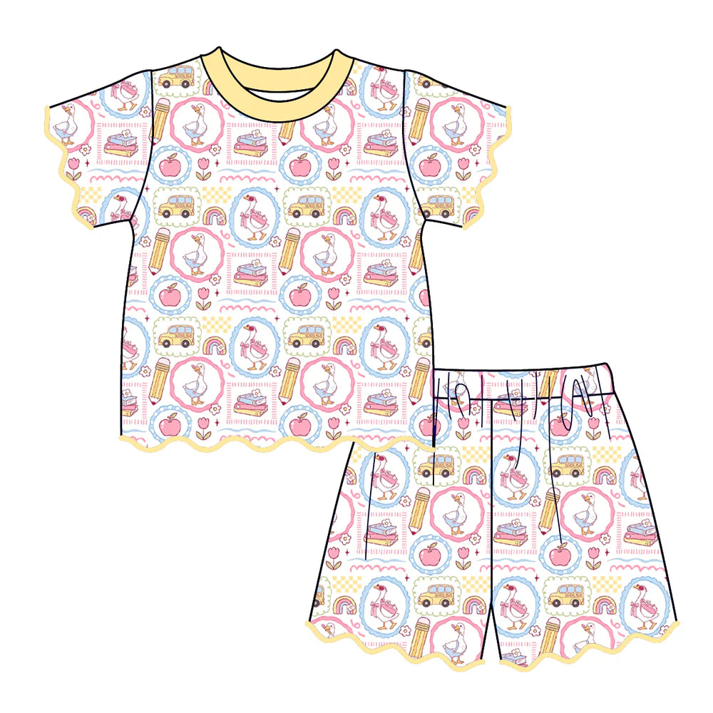 Back to school Girls short sleeved wavy hem embroidery set