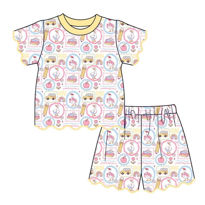 Back to school Girls short sleeved wavy hem embroidery set