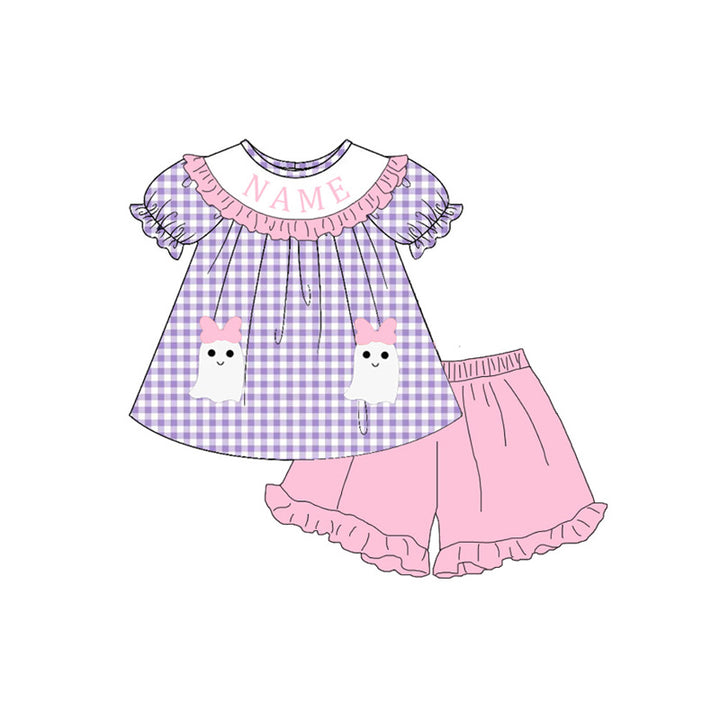 Custom Embroidered Name-Halloween Purple Plaid Ghost Dress Romper