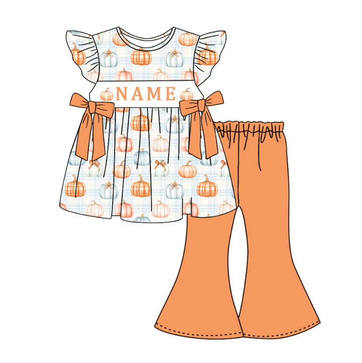 Custom Embroidered Name-Pastel Pumpkin Bow Dress Romper