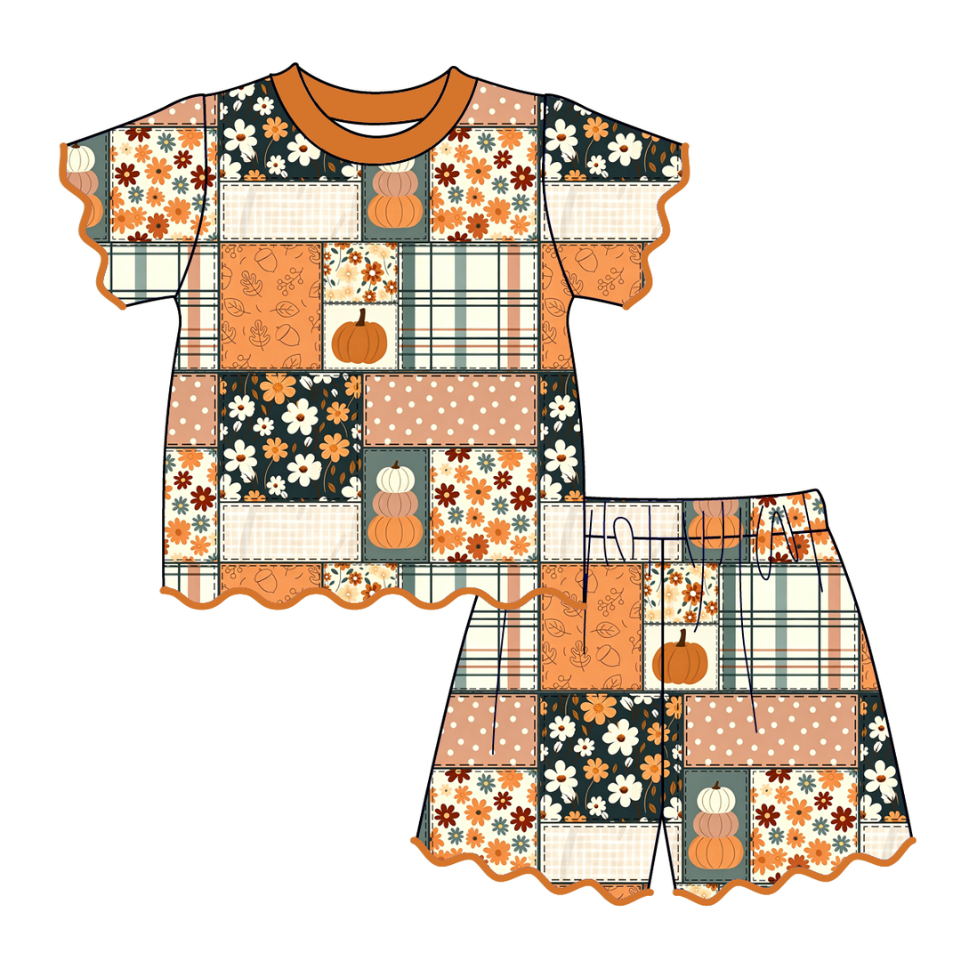 Pumpkin Season Girls Embroidery Scallop Top&Short Set