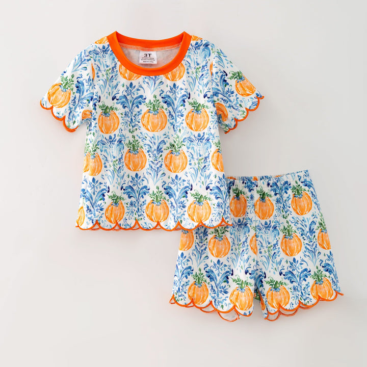 Girls Halloween pumpkin printed embroidery wave hem 2pcs set