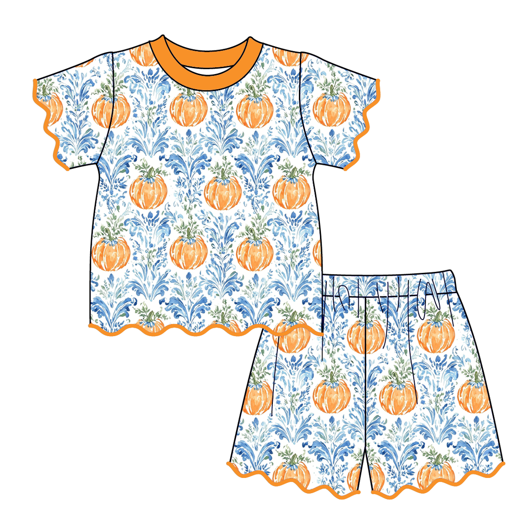 Pumpkin Season Girls Embroidery Scallop Top&Short Set