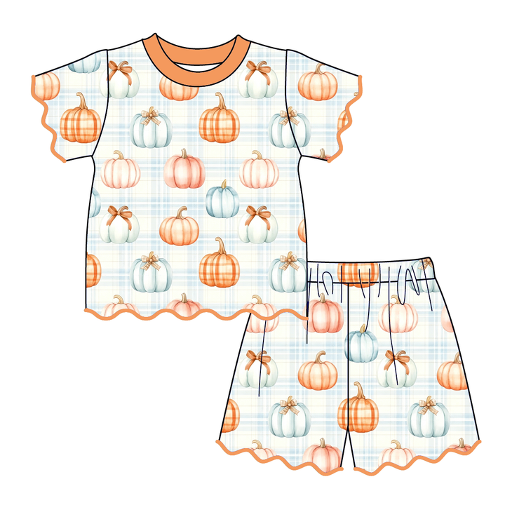 Pumpkin Season Girls Embroidery Scallop Top&Short Set