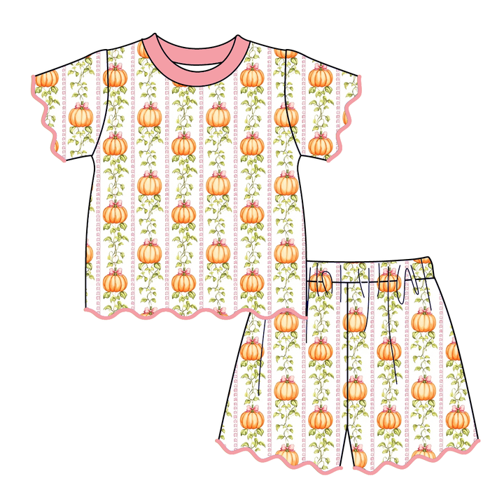 Pumpkin Season Girls Embroidery Scallop Top&Short Set