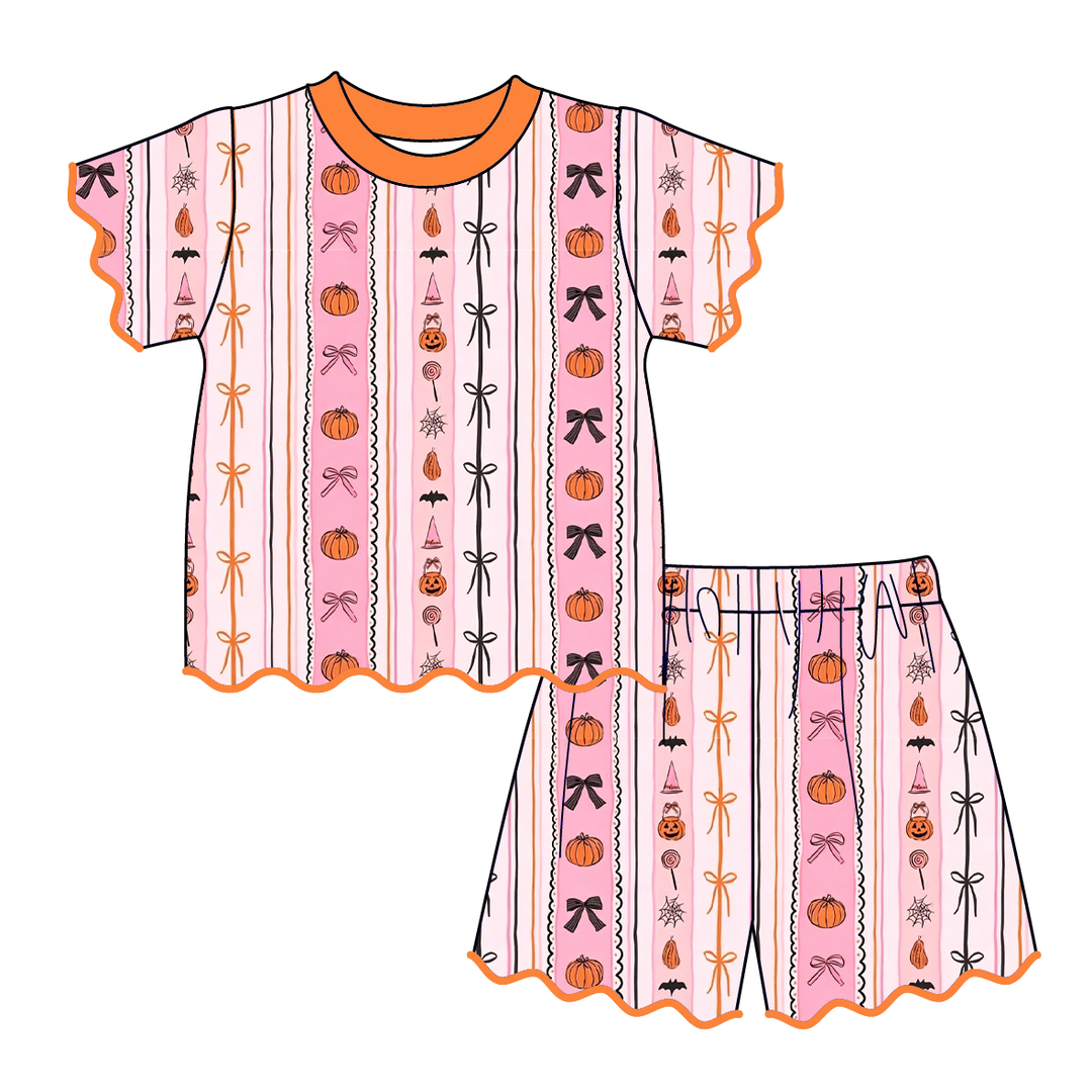 Girls Halloween pumpkin printed embroidery wave hem 2pcs set