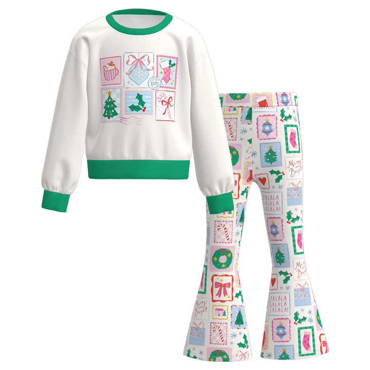 Christmas Cute Santa Printed Long Sleeve Top&Bell Pant set