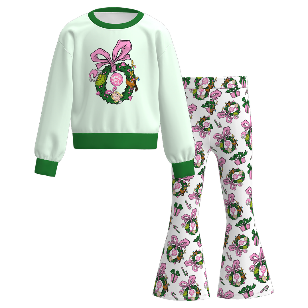 Christmas Cute Santa Printed Long Sleeve Top&Bell Pant set
