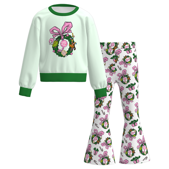 Christmas Cute Santa Printed Long Sleeve Top&Bell Pant set